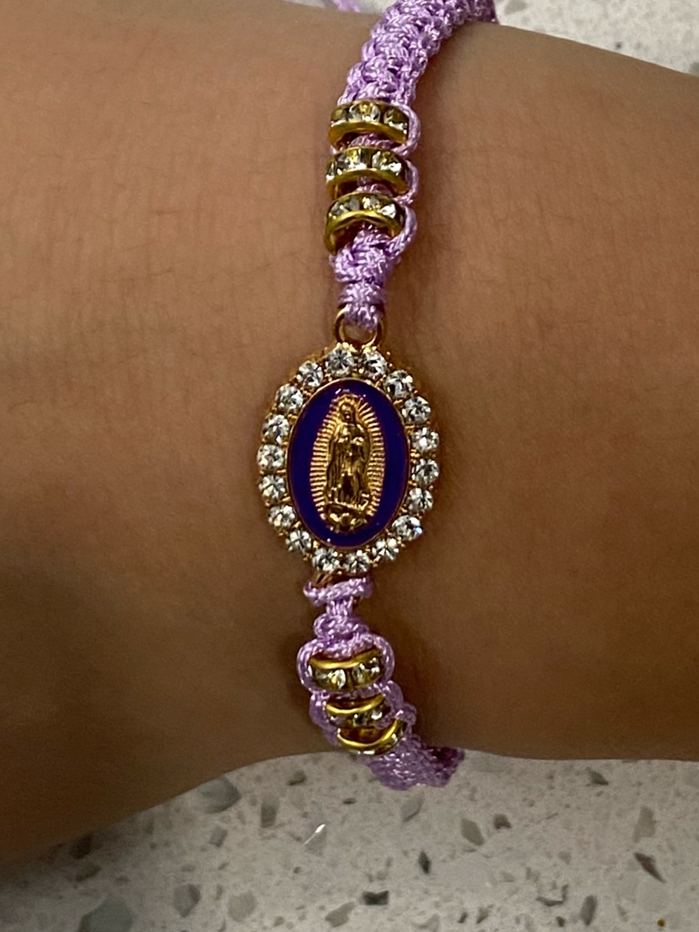 Purple Crystal Virgin Mary Charm Macramé Bracelet
